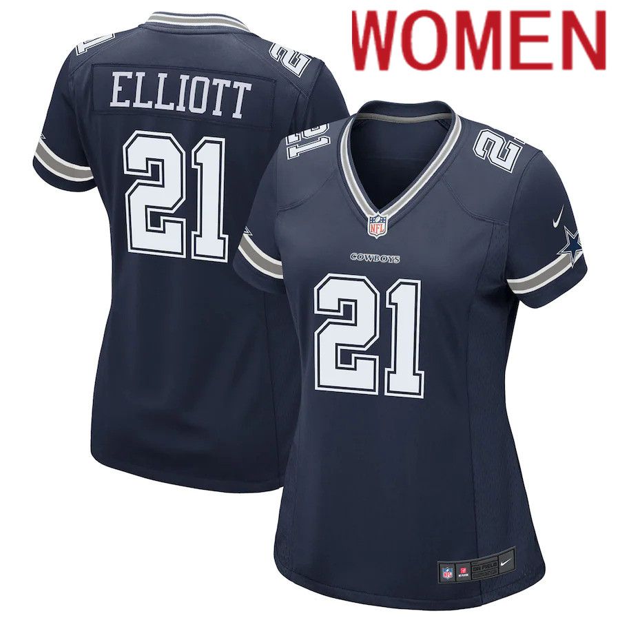 Women Dallas Cowboys #21 Ezekiel Elliott Nike Navy Game Team NFL Jersey->women nfl jersey->Women Jersey